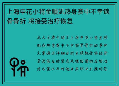 上海申花小将金顺凯热身赛中不幸锁骨骨折 将接受治疗恢复 上海申花小将金顺凯热身赛中不幸锁骨骨折 将接受治疗恢复